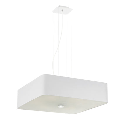 Suspension carrée en tissu blanc 55 cm avec diffuseur en verre, vue d'ensemble sur fond blanc
