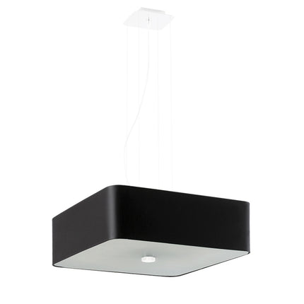 Suspension carrée noire en tissu 45 cm suspendue à quatre câbles, diffuseur en verre, fond blanc