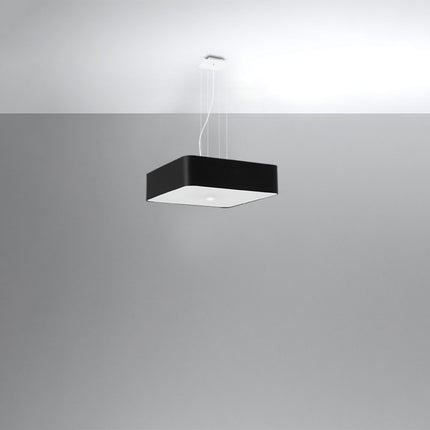 Suspension carrée en tissu noir 55 cm suspendue à des câbles, diffuseur opale, style contemporain