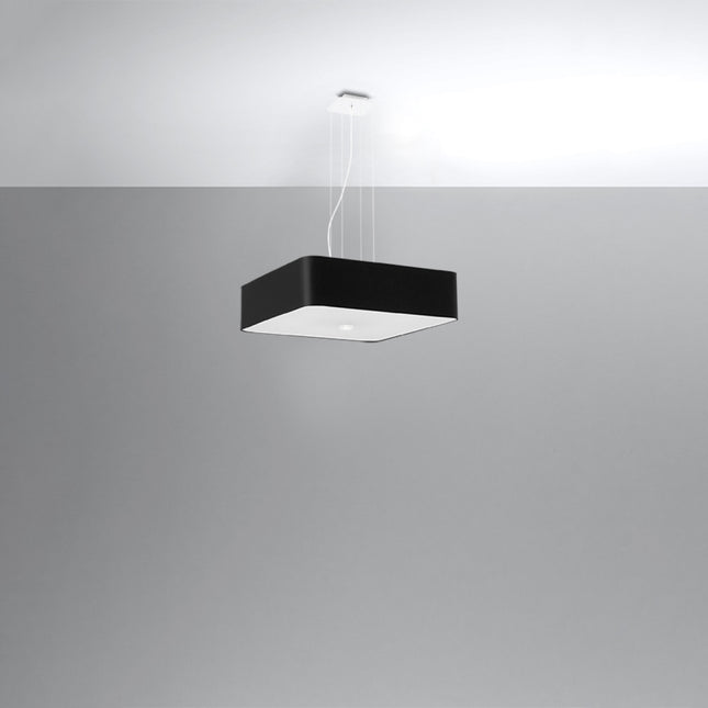 Suspension carrée en tissu noir 55 cm suspendue à des câbles, diffuseur opale, style contemporain