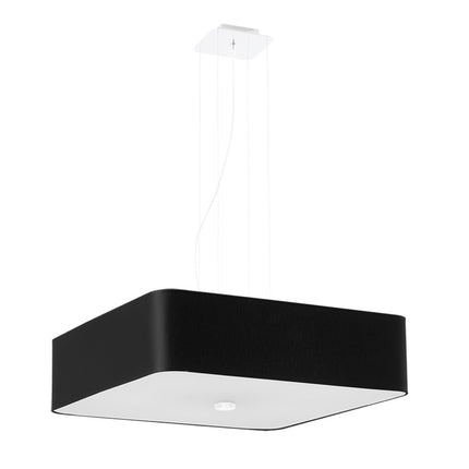 Suspension carrée tissu noir 55 cm vue de face avec câbles et platine de plafond