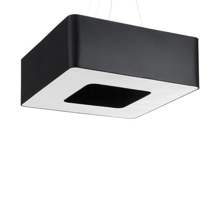 Suspension carrée Uranus en tissu noir de face, angles arrondis et diffuseur blanc lumineux