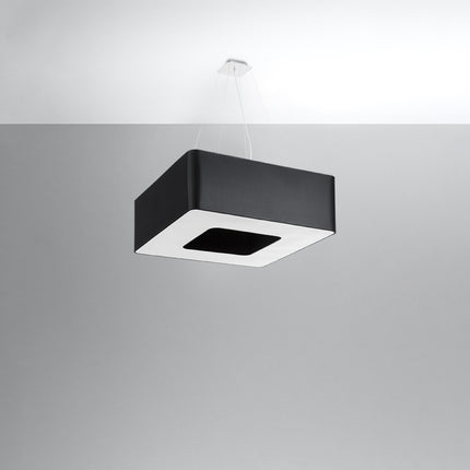 Suspension carrée Uranus en tissu noir suspendue par câbles, diffuseur blanc à découpe carrée