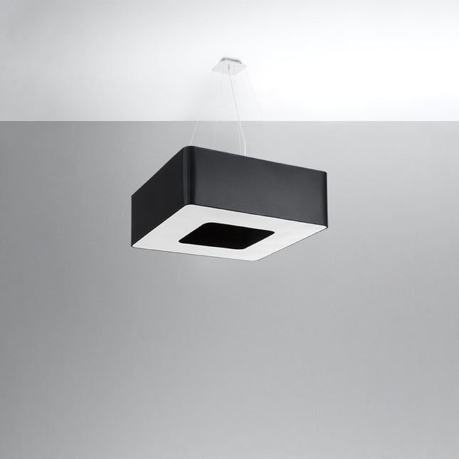 Suspension carrée Uranus en tissu noir suspendue par câbles, diffuseur blanc à découpe carrée