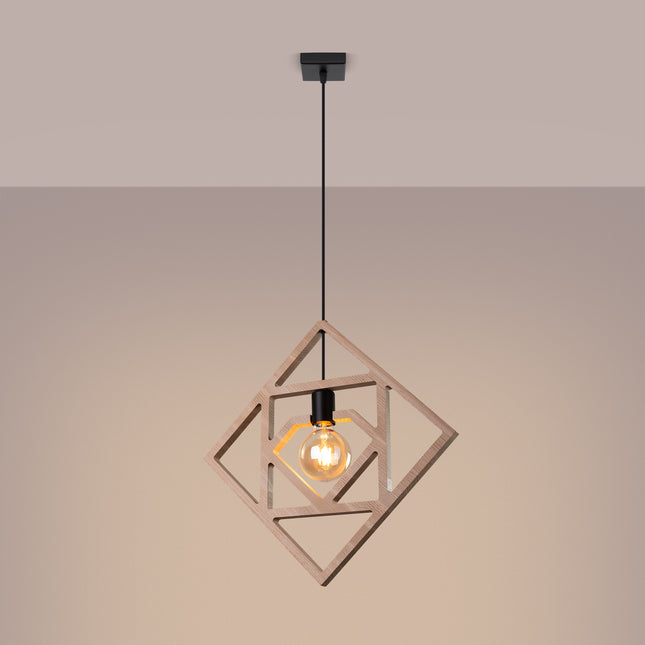 suspension carrés emboîtés en bois naturel, lumière allumée