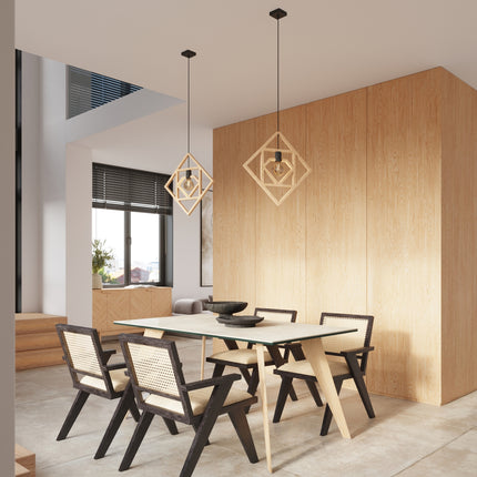 suspension carrés emboîtés en bois naturel, dans une pièce à vivre