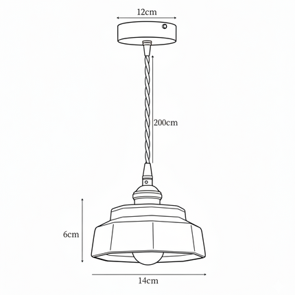 Schéma de cotes de la suspension en céramique, abat-jour 14 cm, hauteur 6 cm, câble 200 cm