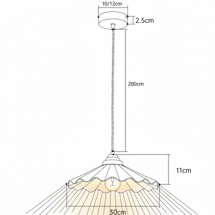 Schéma coté de la suspension en céramique ondulée, abat-jour 30 cm et câble 200 cm