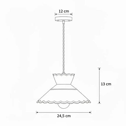 Schéma coté de la suspension en céramique ondulée, abat-jour 24,5 cm et rosace 12 cm