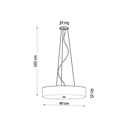 Schéma des dimensions de la suspension Cercle Plein 60 cm : diamètre 60 cm, abat-jour 12 cm, hauteur 102 cm, rosace 14 cm