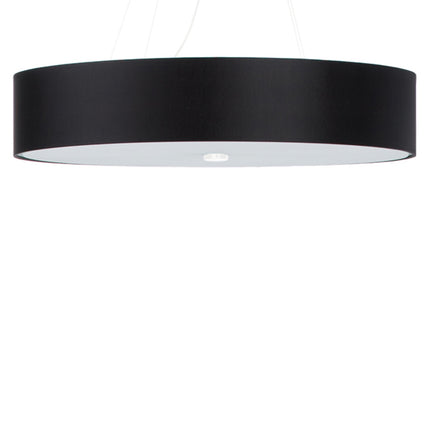 Detail de l'abat-jour tissu noir et du diffuseur en verre de la suspension Cercle Plein 70 cm