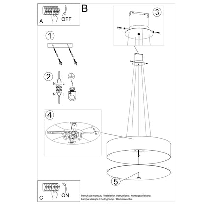 Notice de montage de la suspension Cercle Plein 70 cm en tissu noir, etapes d'installation au plafond