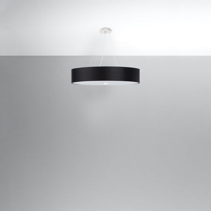 Suspension tissu noir Cercle Plein vue sous le plafond, câbles fins et rosace blanche