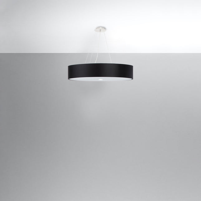 Suspension tissu noir Cercle Plein vue sous le plafond, câbles fins et rosace blanche