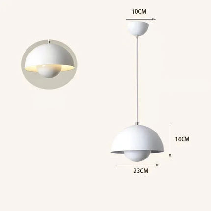 Suspension champignon nordique blanche laquée, câble blanc, avec schéma de dimensions
