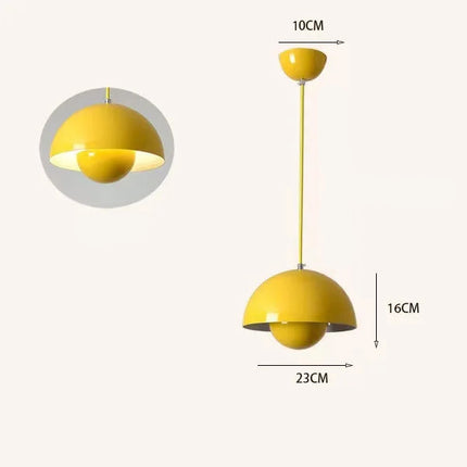 Suspension champignon nordique jaune vif, câble jaune, avec schéma de dimensions