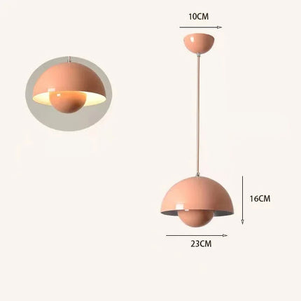 Suspension champignon nordique rose poudré, câble assorti, avec schéma de dimensions