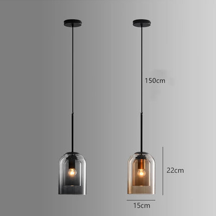 Schéma des cotes de la suspension cloche en double verre, abat-jour 15 x 22 cm et câble 150 cm