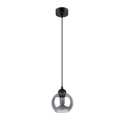 Suspension Cloche en verre fumé noir, globe rond au bout d'un long câble noir, vue de face
