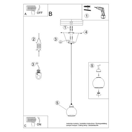 Fiche technique et informations d'installation de la suspension Cloche en verre fumé noir