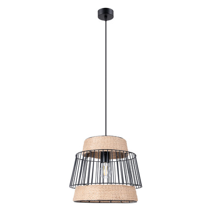 Suspension cocon en acier noir et corde de jute tissée, culot E27, vue de face sur fond blanc