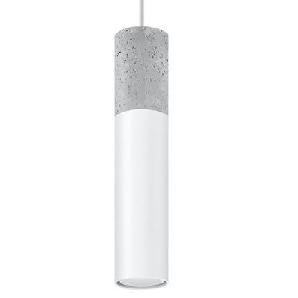 Suspension colonne béton brut et acier blanc, cylindre unique, vue d'ensemble sur fond blanc