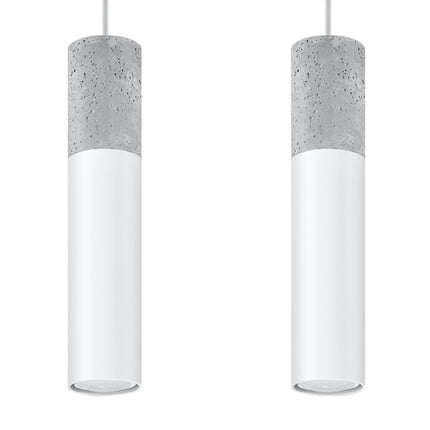 Suspension colonne béton et acier blanc à deux spots sur barre ovale, vue d'ensemble sur fond blanc