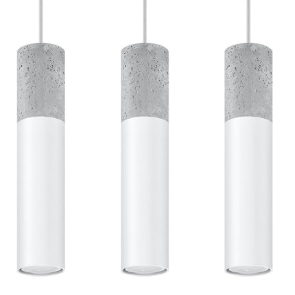 Suspension colonne béton et acier blanc à trois spots sur barre linéaire, vue d'ensemble sur fond blanc