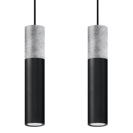 Suspension colonne béton et acier noir à deux spots sur barre ovale, vue d'ensemble sur fond blanc