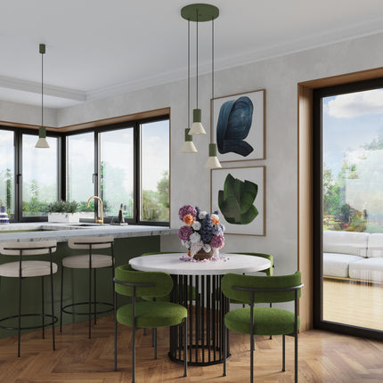 suspension cône beige à fût cannelé vert olive, dans une pièce à vivre
