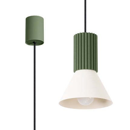 suspension cône beige à fût cannelé vert olive, vue produit