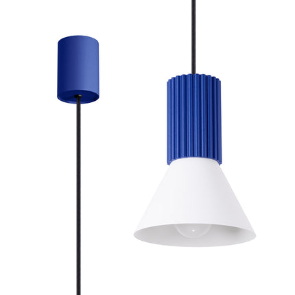 suspension cône blanc à fût cannelé bleu outremer, vue produit