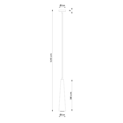 Schéma des dimensions de la suspension cône bois naturel, hauteur 120 cm, abat-jour 38 cm