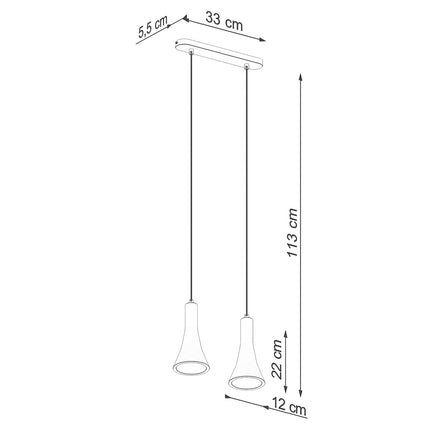 Schéma de cotes de la Suspension Cône Minimaliste 2, rosace barre 33 x 5,5 cm, câbles 113 cm