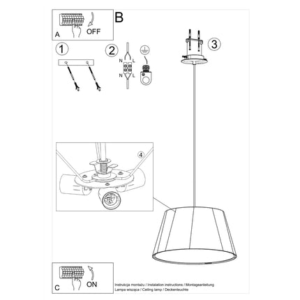 Schema de montage au plafond de la suspension en tissu blanc, alimentation coupee