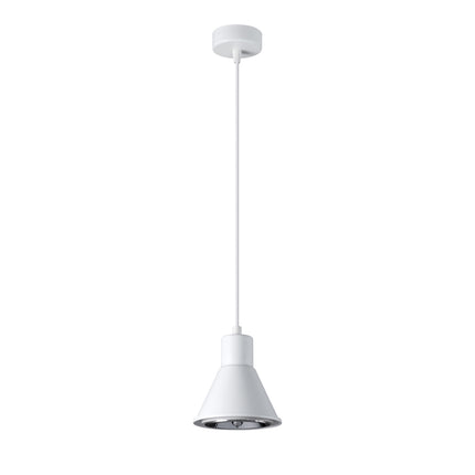 Suspension conique blanche vue de face, câble tendu jusqu'à la rosace de plafond assortie.