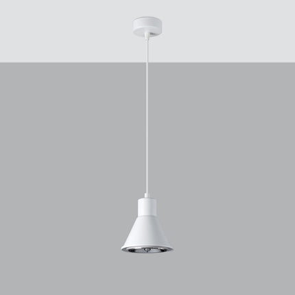 Suspension conique en acier blanc mat, câble textile et rosace de plafond, réflecteur ES111 visible.