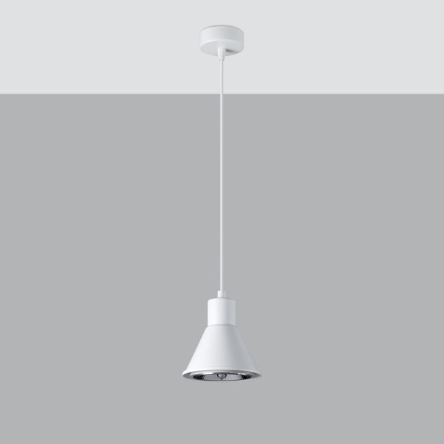 Suspension conique en acier blanc mat, câble textile et rosace de plafond, réflecteur ES111 visible.