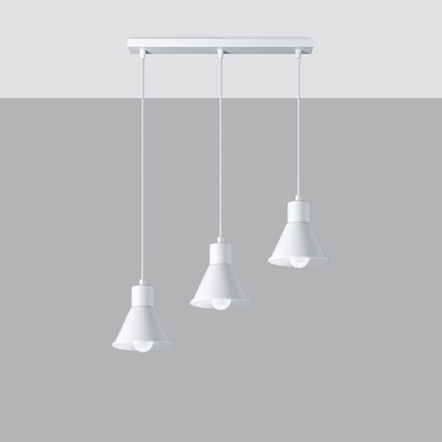 Suspension conique 3 têtes en acier blanc mat, rampe de plafond et câbles textiles échelonnés.