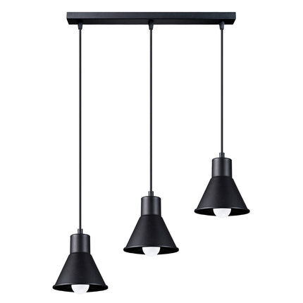 Suspension conique noire 3 têtes vue de face, rampe de plafond et câbles échelonnés.