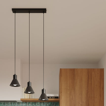 Visuel technique de la suspension conique noire 3 têtes, référence pour le montage et le culot E27.