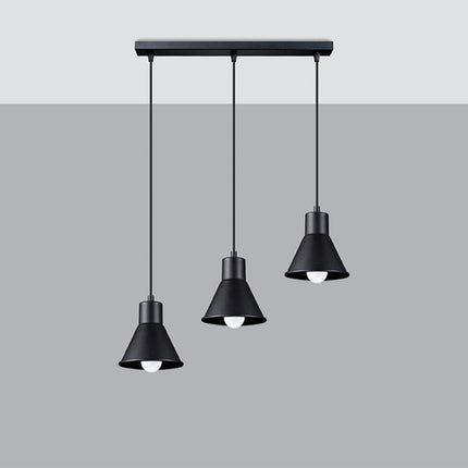 Suspension conique 3 têtes en acier noir mat, rampe de plafond et câbles textiles échelonnés.
