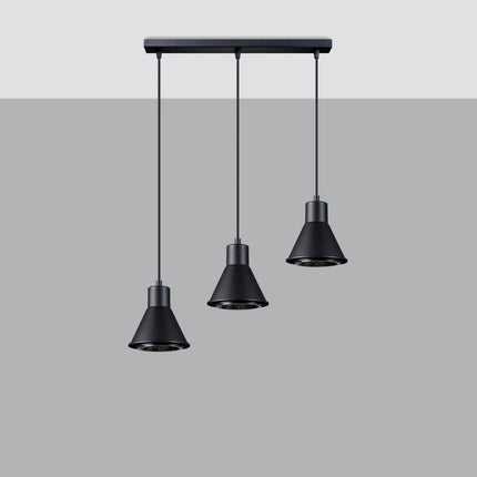 Suspension conique 3 têtes en acier noir mat, rampe de plafond et câbles textiles échelonnés.