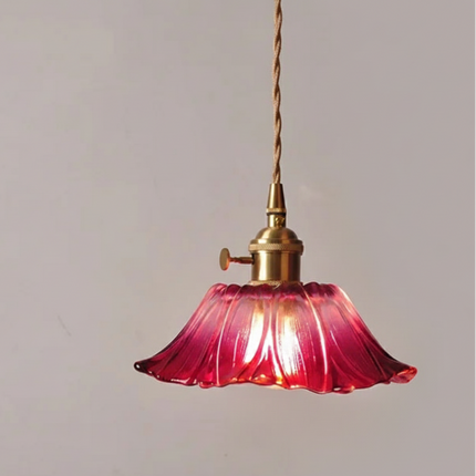 Suspension corolle en verre coloré et laiton doré avec câble torsadé, style vintage japandi