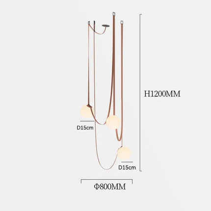 Suspension en cuir cognac à culot E27, globe en verre opalin, pour illuminer un bureau ou un hall d'entrée.