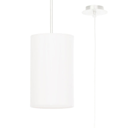 Suspension cylindre en tissu blanc sur fond blanc, câble et platine de plafond visibles