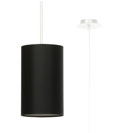 Suspension cylindre en tissu noir sur fond blanc, câble et platine de plafond visibles
