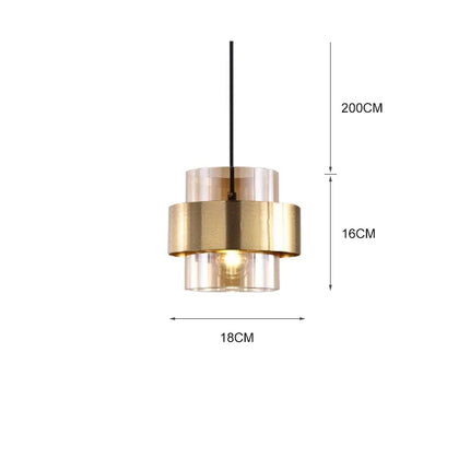 Schéma des dimensions de la suspension cylindre ambrée, 18 cm de large sur 16 cm