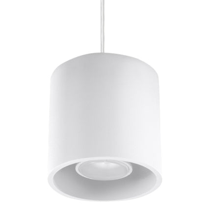 Suspension cylindrique en aluminium blanc mat sur fond neutre