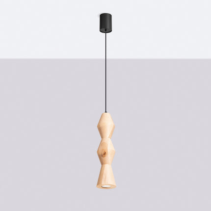 Suspension bois de hêtre ronde suspendue à son câble noir devant un mur clair